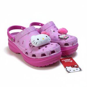 NWT‎ Crocs Hello Kitty Bae Clog Shoes Women's 8 Pink Plush Jibbitz Charms 211199